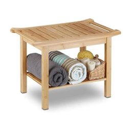Tabouret de salle de bain en bambou banc nature bois compartiment meuble HxlxP: 45 x 66 x 40 cm,