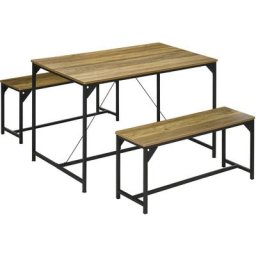 Ensemble table à manger et 2 bancs 4 personnes châssis acier noir plateau assises aspect bois clair