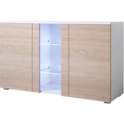 Buffet de salon bas 3 portes 2 étagères vitrine avec led 120 x 72 x 40 cm Couleur Blanc Finition