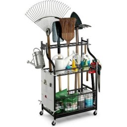 Organisateur d'Outils de Jardin avec roulettes 6 Crochets et Sac de Rangement, Chariot de Rangement