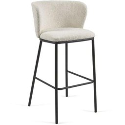 Tabouret Ciselia bouclette blanc et métal noir hauteur 75 cm - Blanc - Kave Home