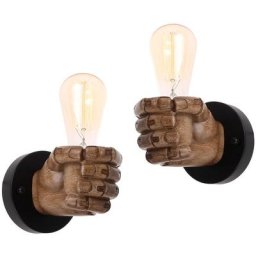 Lot de 2 Applique Murale Vintage en Métal Bois E27 Lampe Intérieur Design Forme Poing Luminaire