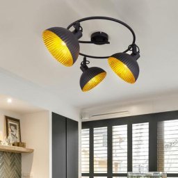 Plafonnier spot plafond noir 3 flammes plafonnier rond noir doré salon, métal, douille 3x E14, DxH