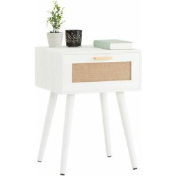 Table de chevet kiran 1 tiroir, table de nuit design vintage en bois blanc et lin - Blanc