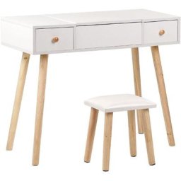 Coiffeuse Blanche en Bois 2 Tiroirs Miroir Relevable et Tabouret Scandinave Brioude - Blanc