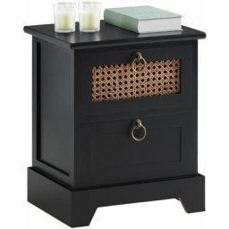 Table de chevet padma 2 tiroirs, table de nuit design vintage en bois lasuré noir et rotin - Noir
