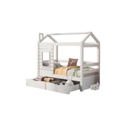 Lit enfant cabane 160x80 en bois massif avec deux tiroirs et sommier à lattes, blanc - Liberté