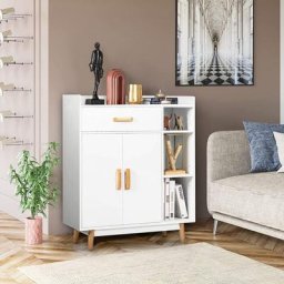 Meuble de rangement avec 2 tiroirs, porte d'armoire, commode blanche pour salon, chambre, salle de