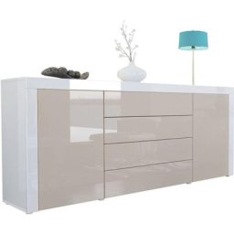 Buffet Commode Dressoir Crédence La Paz V1 Blanc, haute brillance, tons naturels - Gris sable haute