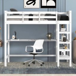 Lit mezzanine enfant 90 x 200 cm - avec bureau, étagère de rangement, échelle, sommier à lattes,