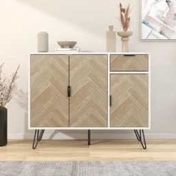 Buffet bas, Commode 3 Portes et 1 tiroir, Bois en Panneau de particules, Blanc et naturel, 90 x 72
