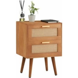 Table de chevet waman petite commode de nuit avec 2 tiroirs, en bois de paulownia lasuré brun et