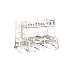 LIBERTÉ Lit superposé enfant avec escalier, table réglable et canapé en bois, cadre en pin robuste,