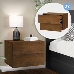 2x Table de nuit suspendue avec 2 tiroirs commode table chevet noyer 42x29x30 cm