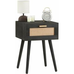 Table de chevet kiran 1 tiroir, table de nuit design vintage en bois lasuré noir et lin - Noir