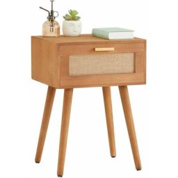 Table de chevet kiran 1 tiroir, table de nuit design vintage en bois brun et lin - Brun
