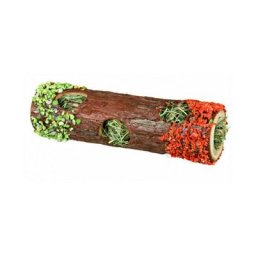 Tunnel en bois naturel avec foin et fleur d'hibiscus pour rongeurs - ø 6,5 × 20 cm