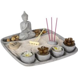 Jardin zen et statuette bouddha - ciment - l 23,9 x l 23,7 x h 11,7 cm - Livraison gratuite - Gris