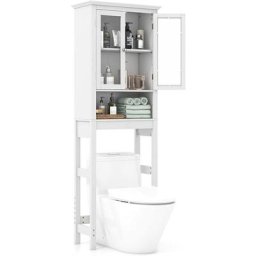 Costway - Meuble wc au-Dessus de Toilettes en Bois avec 2 Portes en Verre Trempé et Étagère