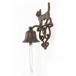 Homescapes - Cloche d'entrée avec support mural en fonte Chat - Marron