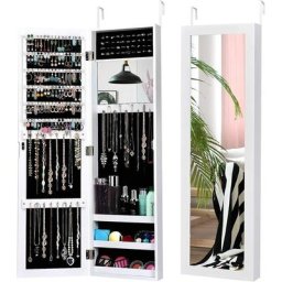 Armoire à Bijoux Murale-Suspendue avec Miroir Antidéflagrant, Fermeture Magnétique, 3 Étagères,