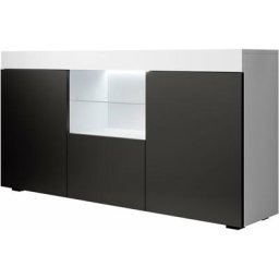 Buffet de salon bas 3 portes avec led bleue 135 x 72 x 34 cm Couleur Blanc avec Noir Finition Mat