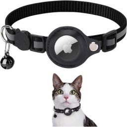 Blue Dream - Collier de chat réfléchissant airtag noir (sans localisateur) avec cloches et support