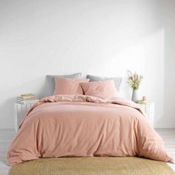 Douceur D'intérieur - Housse de couette et deux taies coton lavé (260 cm) Linette Rose