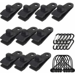 Lot de 10 clips de fixation robustes avec vis moletée et cordons élastiques + mousqueton pour fixer