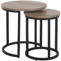 Lot 2 Tables Basses d'Appoint Plateux Ronds Effet Bois Foncé et Structure en Métal Noir Design