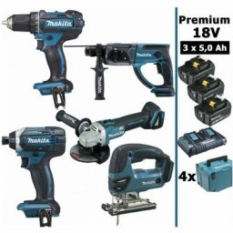 Makita - Pack premium 5 machines 18V 5Ah: Perceuse DDF482 + Meuleuse DGA504 + Perforateur DHR202 +
