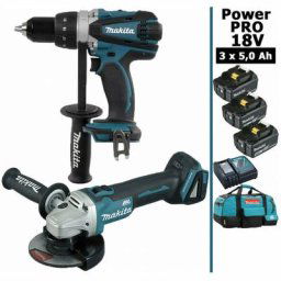 Makita - Pack Power pro 18V: Perceuse 91Nm DDF458 + Meuleuse 125mm DGA504 + 3 batt 5Ah + sac