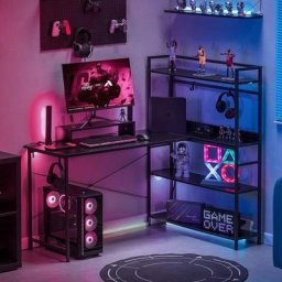 Comhoma - Bureau Avec Rangement, led Bureau Gaming, Bureau Angle, Avec chargeur usb, Support de