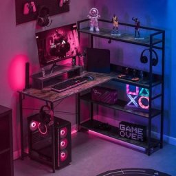 Comhoma - Bureau Avec Rangement, led Bureau Gaming, Bureau Angle, Avec chargeur usb, Support de