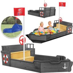 Bac à sable Ahoi Bateau pirate Bateau Voilier en bois avec couvercle, bâche de sol, banc, mât de