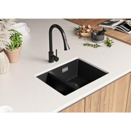 Evier Cuisine Graphite, 55,5 x 45 cm, Evier en Granit 1,5 bac + Kit de Vidage, Evier a Encastrer de