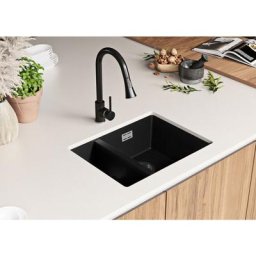 Evier Cuisine Noir, 55,5 x 45 cm, Evier en Granit 1,5 bac + Kit de Vidage, Evier a Encastrer de