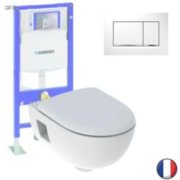 Pack wc suspendu sans bride Geberit Renova, semi-caréné + Bati support + Plaque de commande, chromé