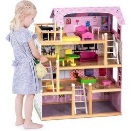 Maison de Poupees, Maison de Reve en Bois, Villa Enfant a 4 Etages et 5 Pieces avec Mobiliers, y