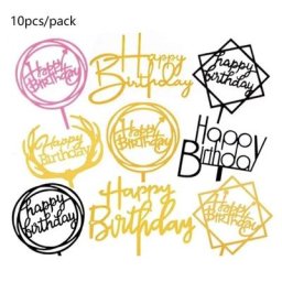 10 pièces/paquet de décoration de gâteau joyeux anniversaire or argent acrylique garniture de gâteau