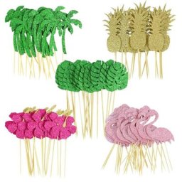 Décoration de gâteau en cuir chevelu vert pour fête tropicale hawaïenne fleur flamant rose Chi