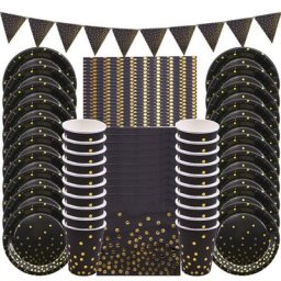 Ensemble d'Assiettes Gobelets et Serviettes en Papier à Pois Noirs et Dorés Fournitures de
