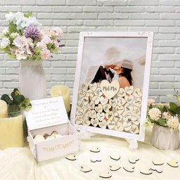 Ourwarm-livre d'or de mariage pour panneau d'invités boîte en bois blanc avec 71 cœurs en bois pour