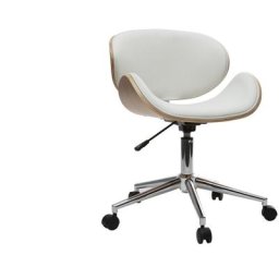 Chaise de bureau à roulettes design blanc, bois clair et acier chromé walnut - Bois clair / blanc