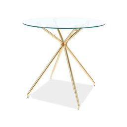 Table ronde en verre trempé transparent avec des pieds en métal doré - 4 couverts - D 80 cm x H 76