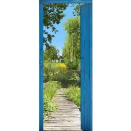 Sticker décoratif pour porte, ponton au bord d'un marais avec une nature verdoyante, 83 cm X 204 cm