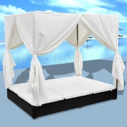 Chaise longue de jardin | Bain de soleil Transat avec rideaux Résine tressée Noir 91308 - Noir