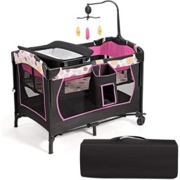 3 en 1 Lit Parapluie pour Bébé avec Arceau de Jeu en Tissu Oxford avec Centre Musical et Table à