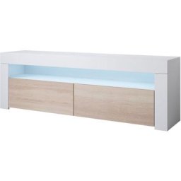 Meuble tv 2 portes Meuble tv de salon avec led 140x50x35cm Blanc Finition brillante et Sonoma mat