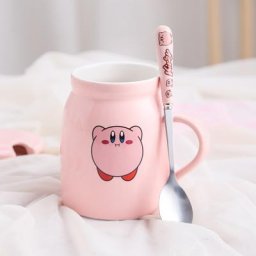 Tasse en peluche chat Kirby Kawaii tasse en céramique rose ensemble de cuillères fourchettes